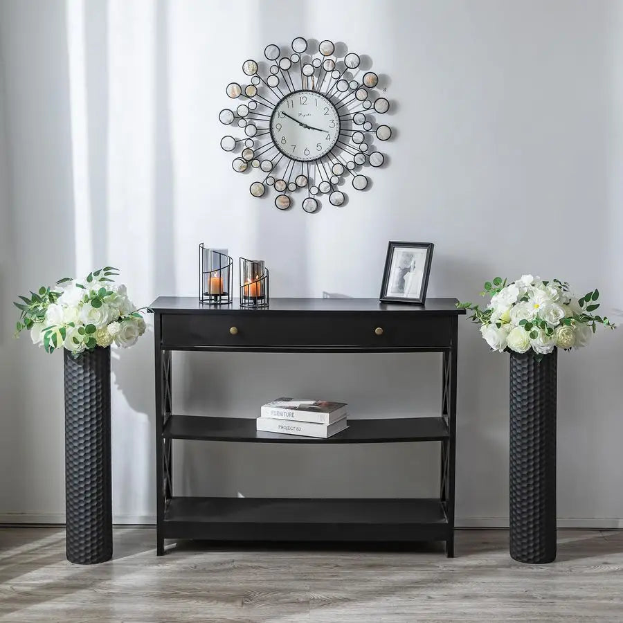 Black Tall Floor Vase 27.6in Metal Modern Cylinder Floor Vases for Fireplace with Honeycomb Texture Set of 2 Large Decorative V