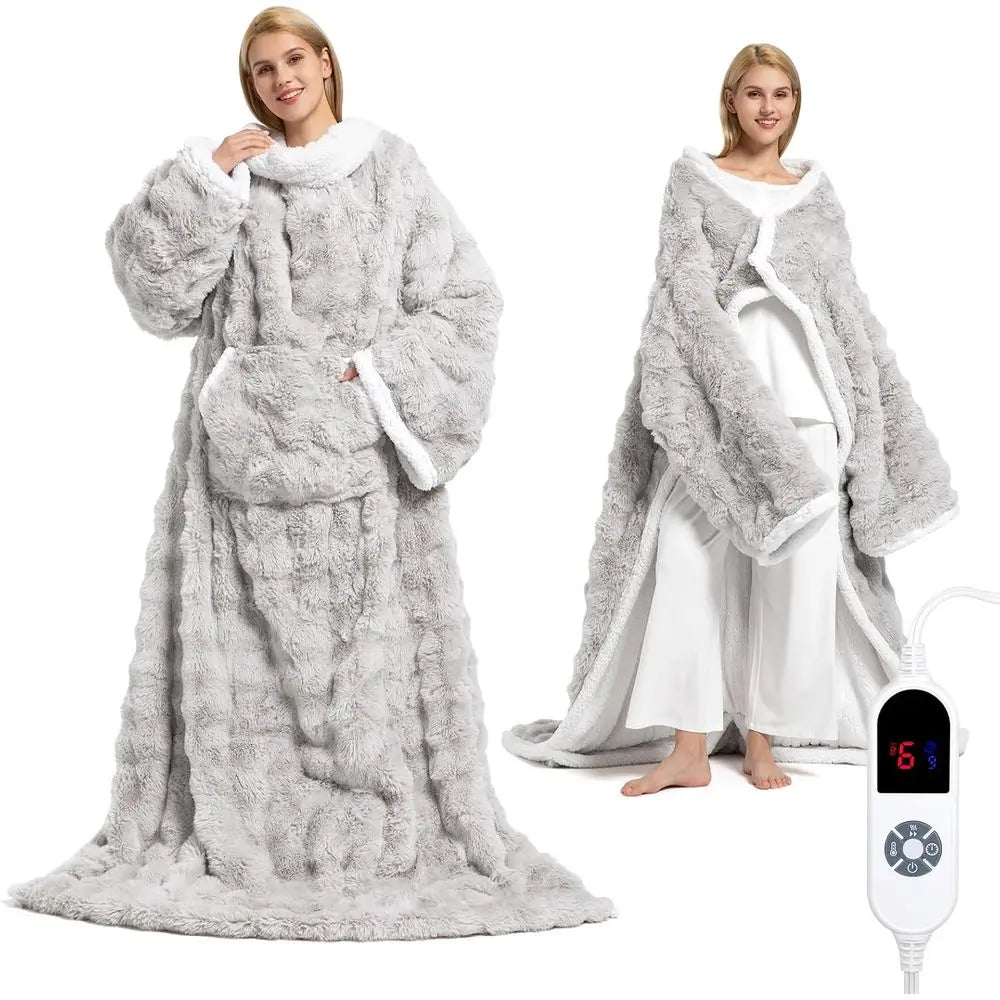 Heated Blanket, Luxury Faux Fur & Sherpa Electric Throw Blanket with Sleeves, Foot Pockets, Heated Robe for Women Men Gift, 3 He