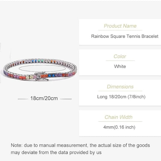 A dazzling 14K gold tennis bracelet adorned with rainbow-shaped cubic zirconia, the perfect gift for special occasions.