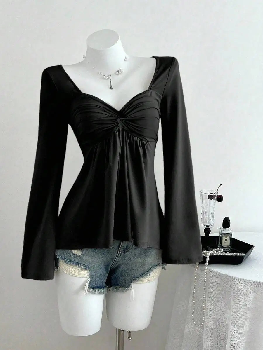 Women's Twist Front V-Neck Long Sleeve Top with Bell Sleeves, Casual Elegant Spring Autumn Blouse