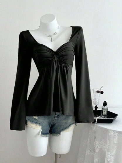 Women's Twist Front V-Neck Long Sleeve Top with Bell Sleeves, Casual Elegant Spring Autumn Blouse