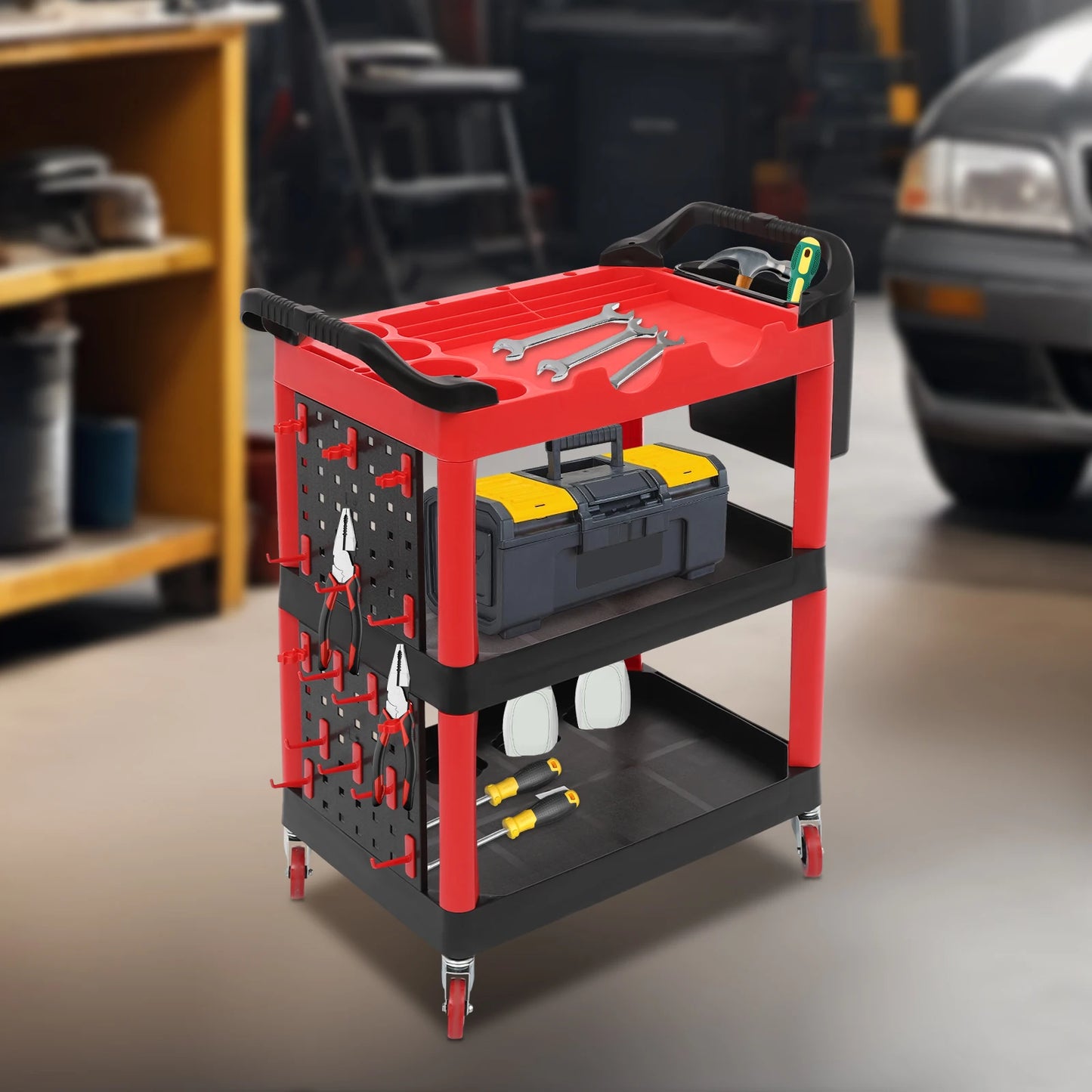 3 Tier Rolling Tool Cart, Folding Hand Truck, 300lb Capacity, Plastic Utility Cart, with Hooks, Mobile Transport Organizer