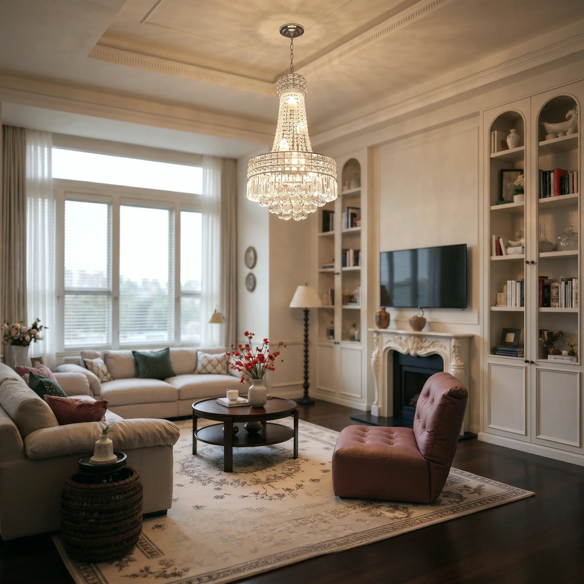 Modern Chrome Silver Crystal Chandelier, Round Dimmable Dining Table Crystal Chandelier for Bedroom/Hallway/Hall