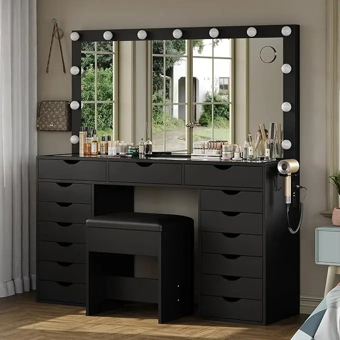 Vanity Desk with Mirror and Lights, Makeup Table with Charging Station, 3 Color Lighting Modes, 15 Drawers Dressing Table