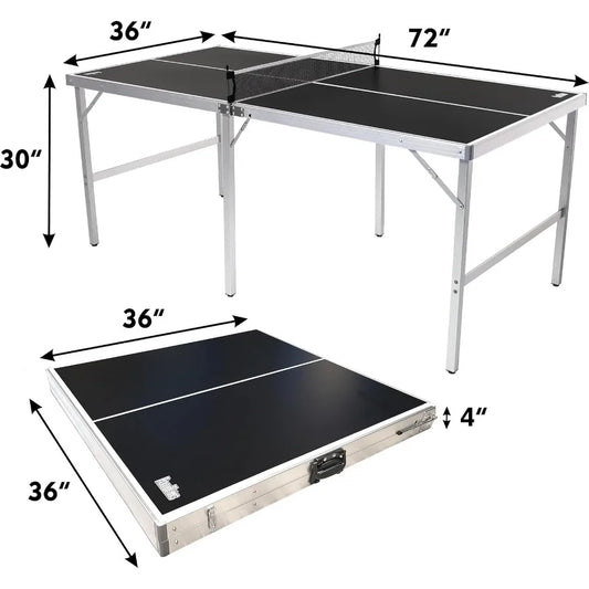 PartyLife 6 ft x 3 ft Mid-Size Portable Folding Indoor Outdoor Ping Pong Table Tennis Table with Optional LED Lights for and Ad
