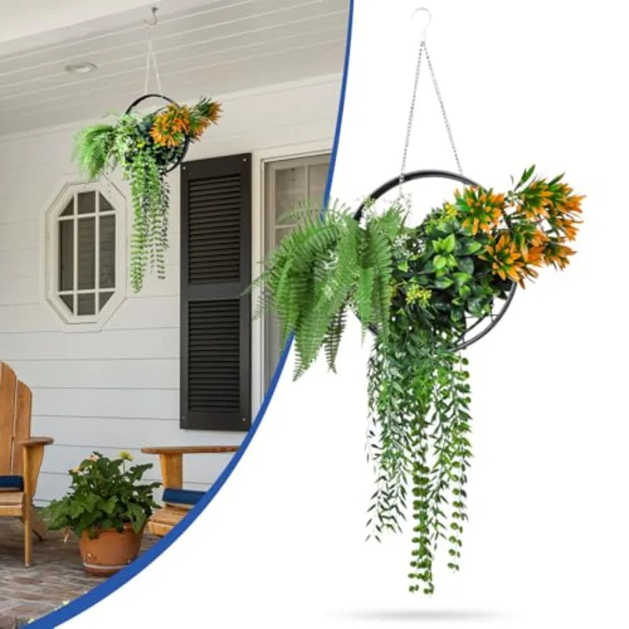 Fake Hanging Plants 4Pcs Artificial Hanging Flower Basket with Black Frame, Greenery Floral for Home Living Room Wall Decor Wed