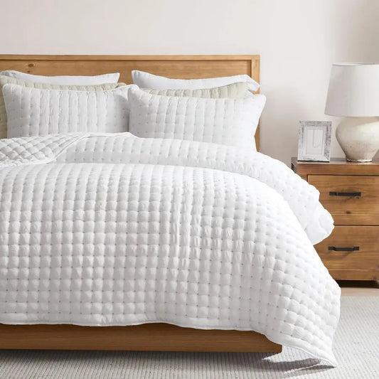 White Queen Size Quilt Bedding Sets with Pillow Shams, Lightweight Soft Bedspread Coverlet, Quilted Blanket Thin Comforter Bed C