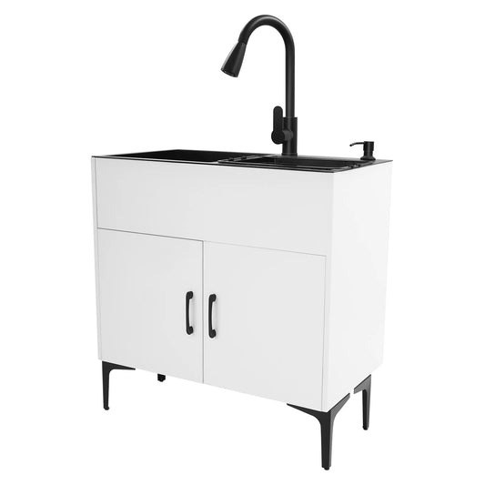 Pull Out Faucet Kitchen Sink, 30" Freestanding Stainless Steel Double Basin with Cabinet, Soap Dispenser & Drain Basket, for Ho