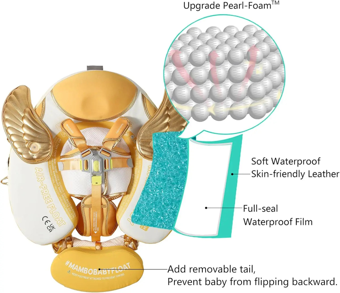 HECCEI Swim Float with Canopy UPF 50+ Sun Protection Pearl Foam Mambobaby  Non-Inflatable Solid Baby Pool Float with Tail