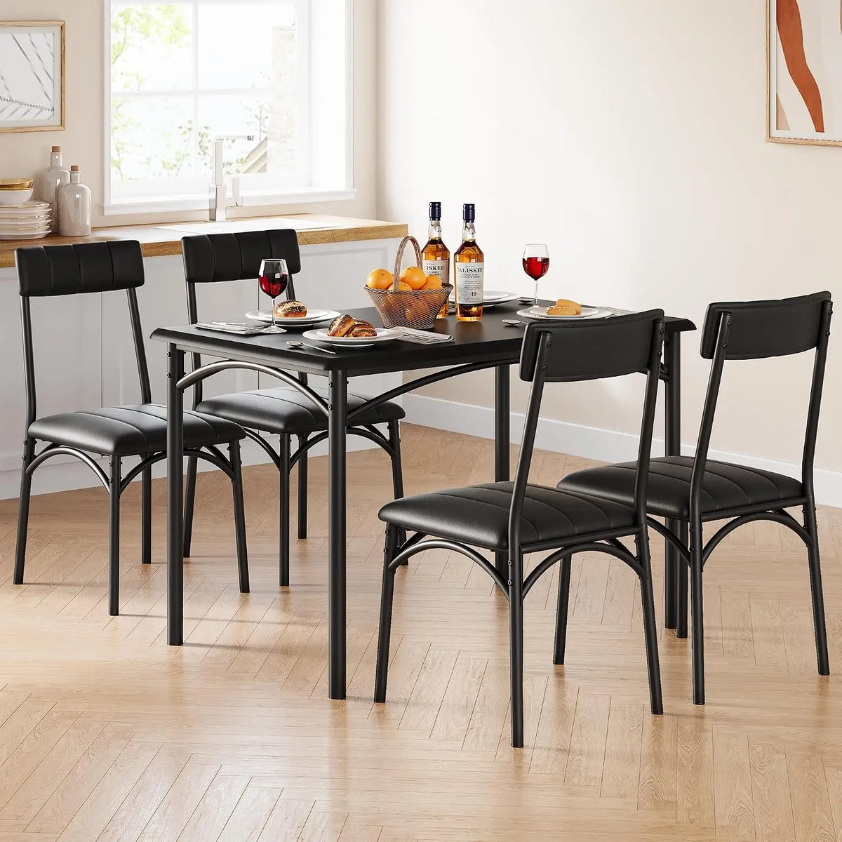 Space-Saving 5 Piece Dining Table Set for 4 – Rectangular Metal & Wood Table with 4 Upholstered Chairs – Compact Kitchen & Dining Room Solution