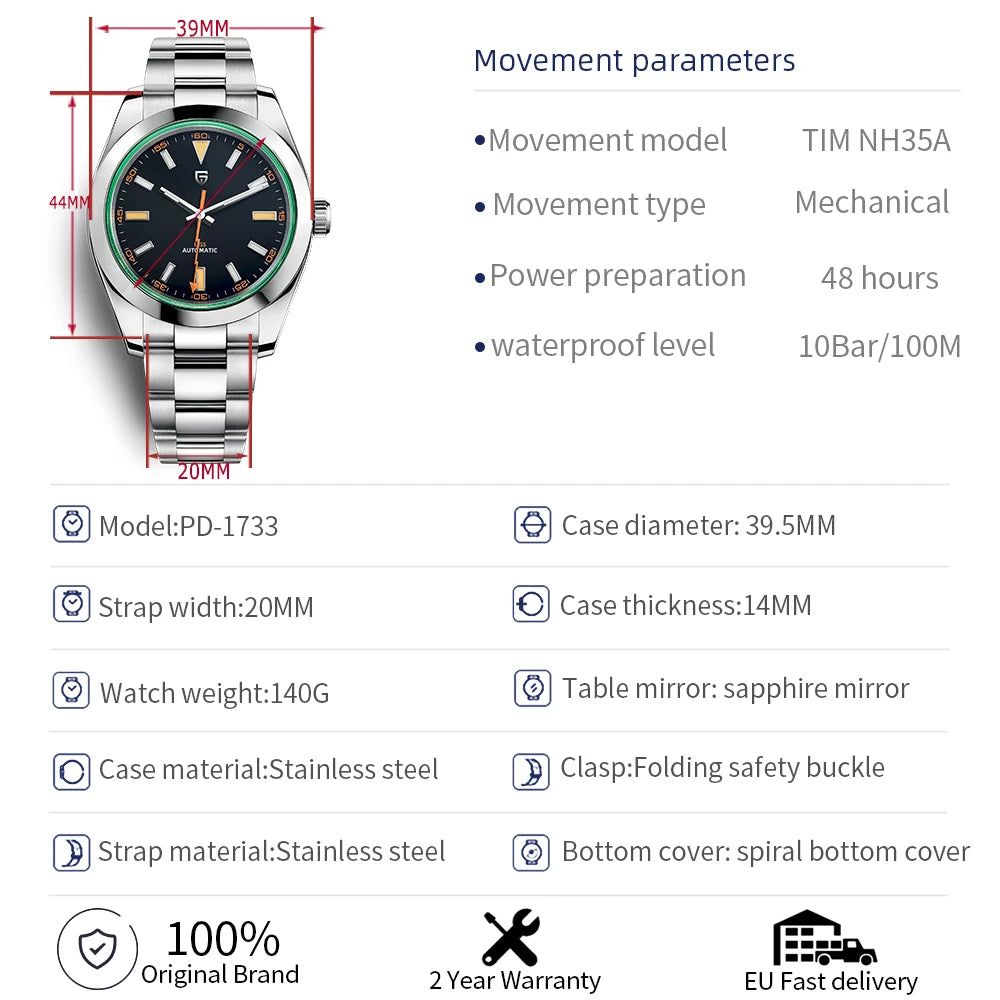 PAGANI DESIGN Men's Watches Luxury Automatic Watch for Men Green Glass Mechanical Watches AR Sapphire crystal Wristwatch Men
