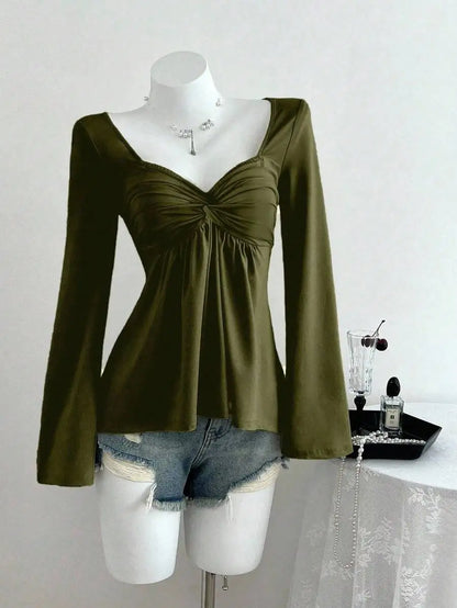 Women's Twist Front V-Neck Long Sleeve Top with Bell Sleeves, Casual Elegant Spring Autumn Blouse