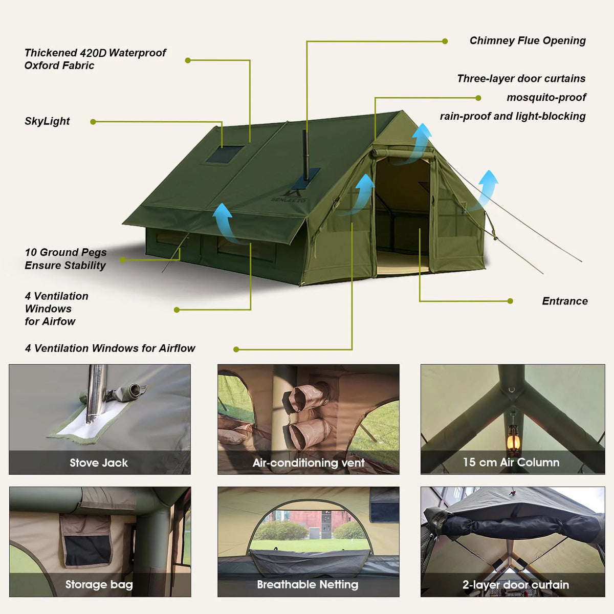 SENLEETO 129 Square Feet Inflatable Glamping Tent 4-8 Person for Camping with Waterproof Mat,4 Season Blow up Tent with Stove Jack&AC Vent,Easy Setup Air Tent with High Pressure Pump