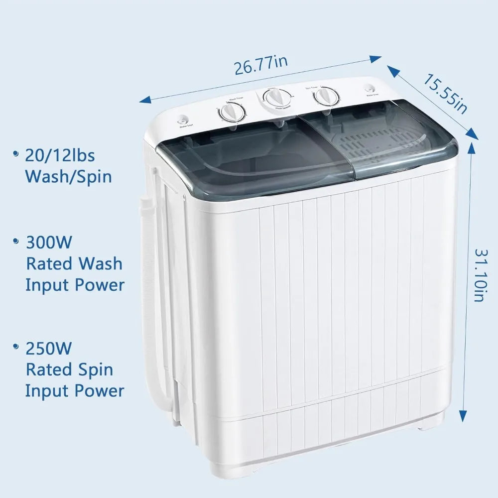 Portable Washing Machine, 32lbs Twin Tub (20lbs Washer + 12lbs Spinner) with 10 Hangers and Drying Rack, Semi-Automatic Compact