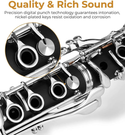 Bb Clarinet for Beginners, Nickel-Plated with Hard Case, Stand, Cleaning Kit & Accessories for School Band