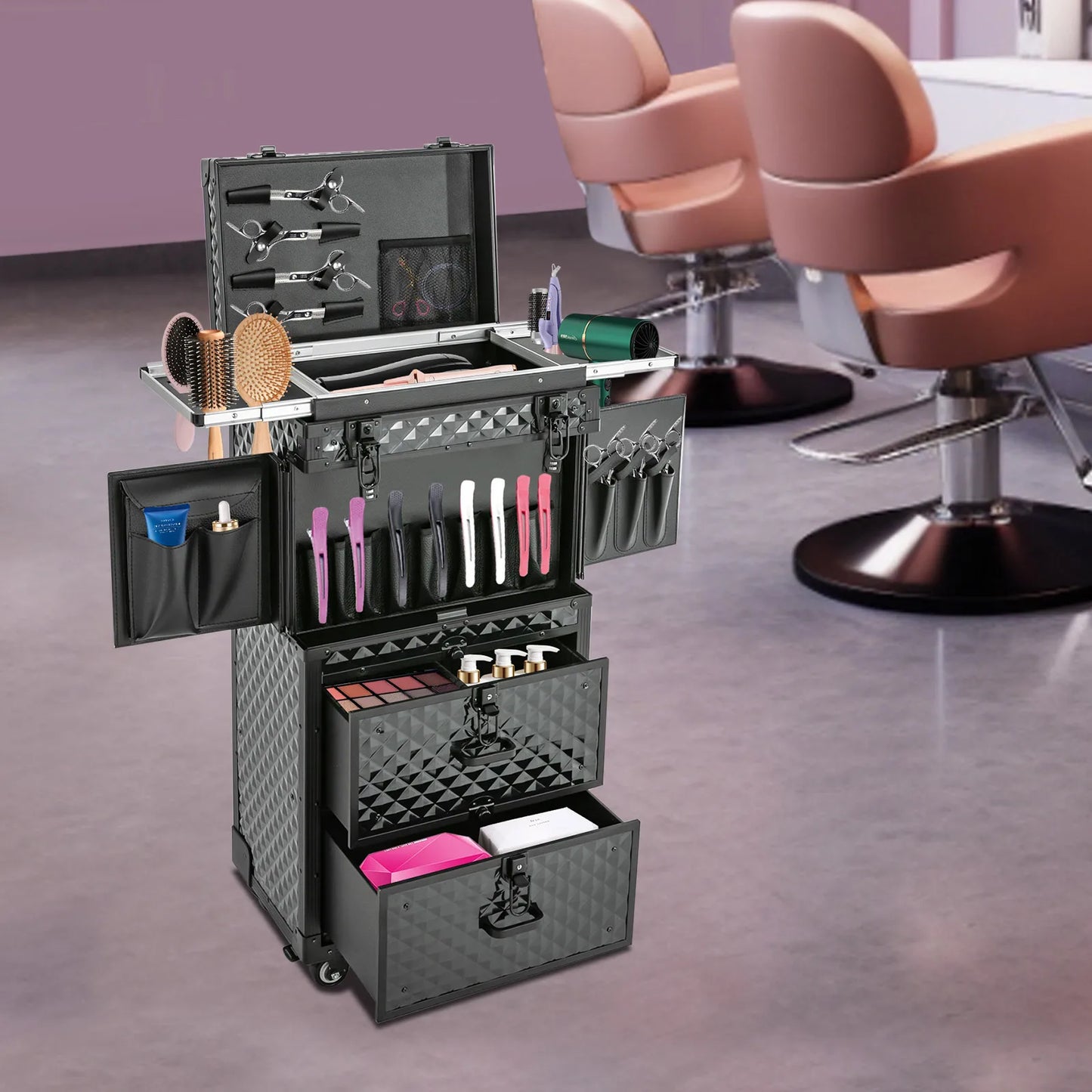 Cosmetology Case on Wheels Rolling Makeup Train Case Nail Travel Case for Nail Tech Professional Rolling Makeup Case with Drawer