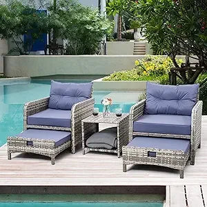 5 Pieces Patio Furniture Set, Rattan Balcony Furniture with Ottomans, PE Wicker Outdoor Patio Chairs Set with Coffee Table for