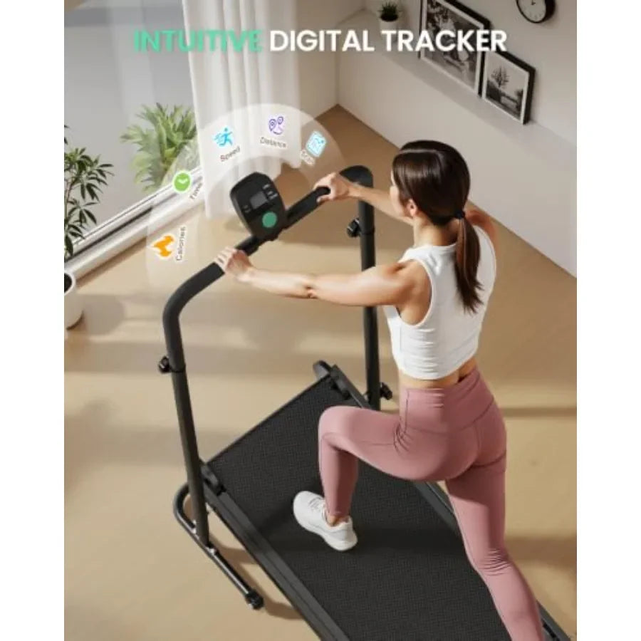 Incline Manual Treadmill - Dual Flywheel Non-Electric Walking Pad for home gym use, aluminum frame, black, smooth belt motion a