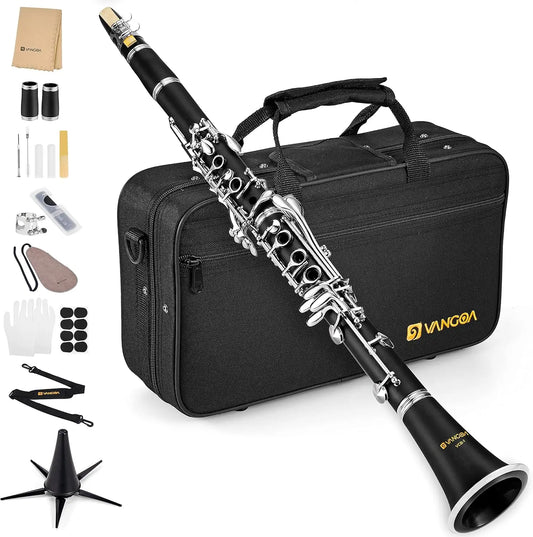 Bb Clarinet for Beginners, Nickel-Plated with Hard Case, Stand, Cleaning Kit & Accessories for School Band