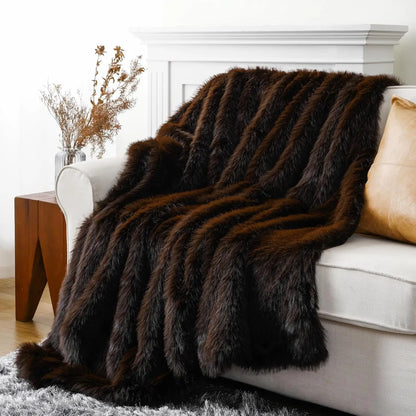 Luxury Brown Faux Fur Throw Blanket, Large Soft Warm Cozy Fuzzy Fluffy for Bed Home Decor King Size 60x80