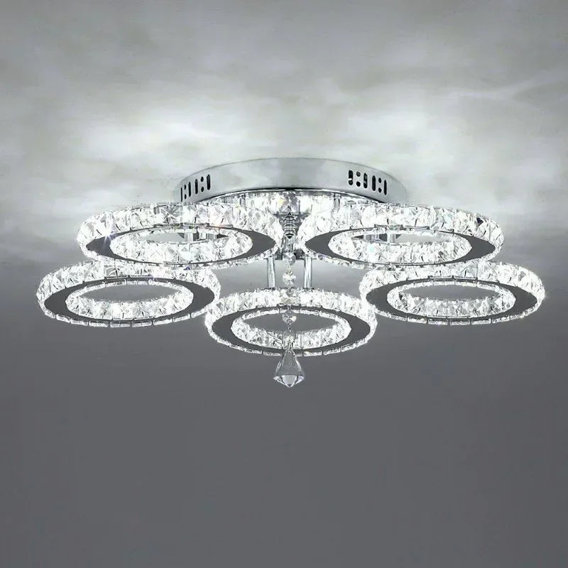 LED Lustre Chrome Crystal Ceiling Chandelier Creative Circular Restaurant Dining Room Bedroom Pendant Light Modern Home Decor