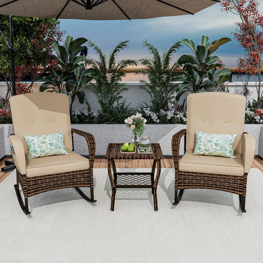3-Piece Patio Furniture Set,Outdoor Rocking Chairs Set of 2, Patio Conversation Set with 2 Wicker Chairs with Rattan Coffee Tabl
