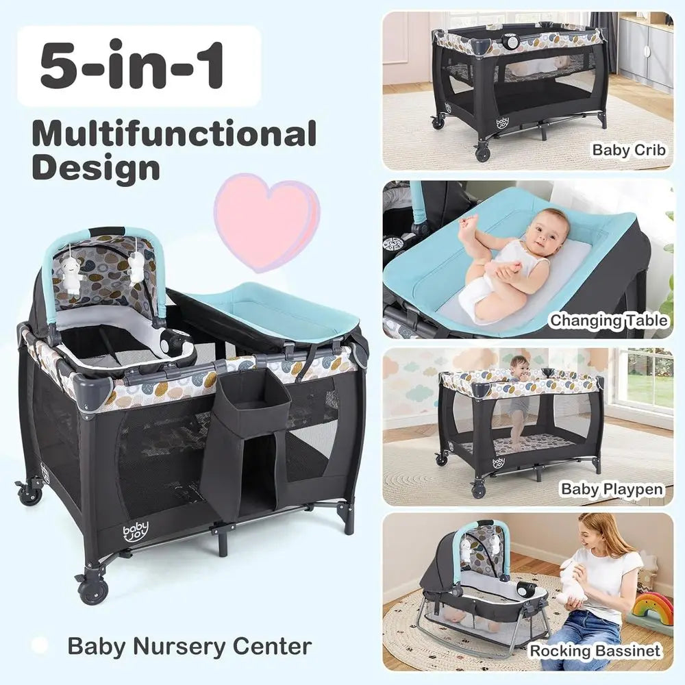 Portable Baby Playard with Bassinet, Cradle, Diaper Bag, Music, and Changing Station in Blue
