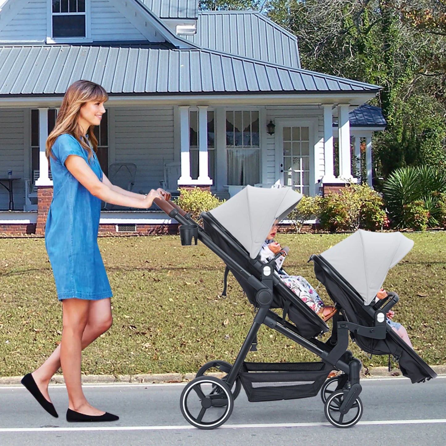 Double Stroller Track Tandem Stroller for Infant and Toddler, Foldable Pushchair Bassinet Pram, Multi-Position Reversible