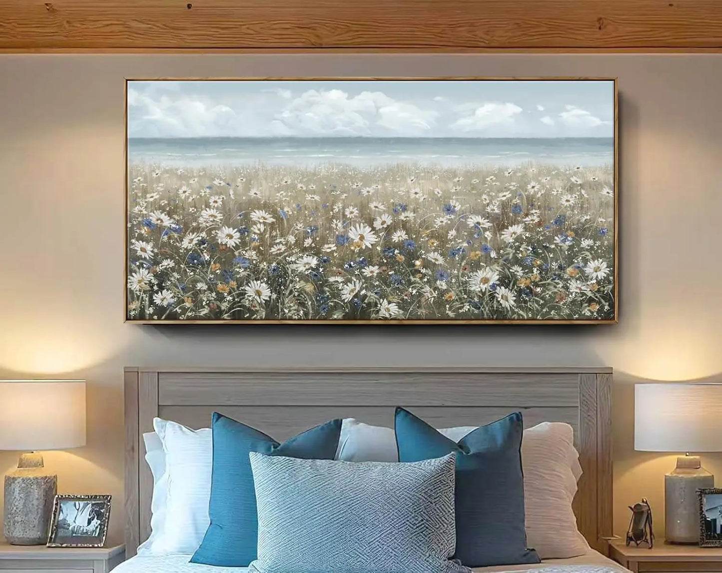 Large Framed Coastal Floral Canvas Wall Art for Living Room, Farmhouse Decor, 48x24 Inches