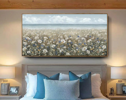 Large Framed Coastal Floral Canvas Wall Art for Living Room, Farmhouse Decor, 48x24 Inches
