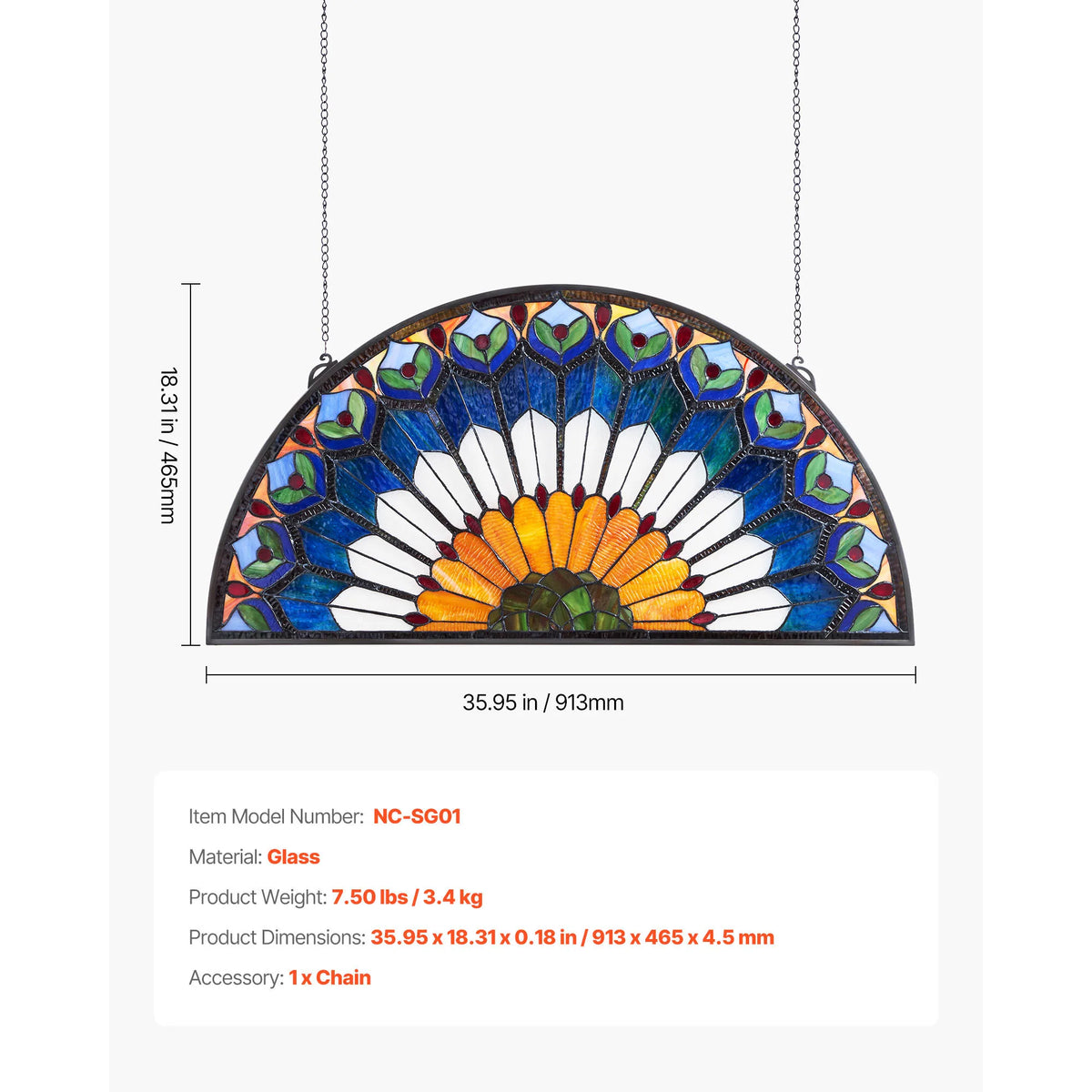 SucceBuy Stained Glass Window Panel 36 x 18 inch Tiffany Style Hanging Transom Window Panel with Chain for Kitchen Home Decor
