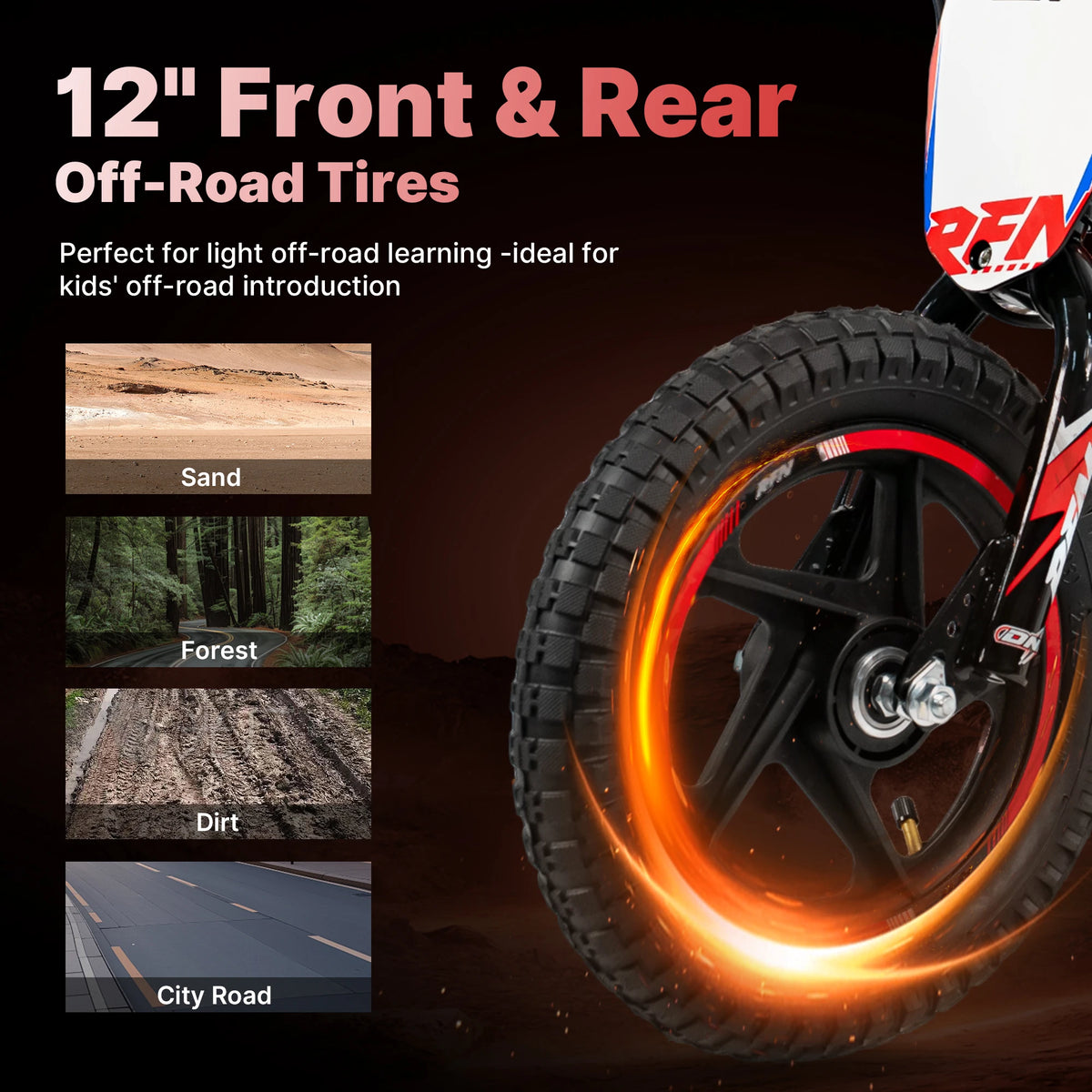 RFN DNA12 Electric Dirt Bike for Kids-170W Balance Bike 24V 2.6AH Battery,12" Off-Road Tires, Aluminum Frame Motorcycle, 4-8