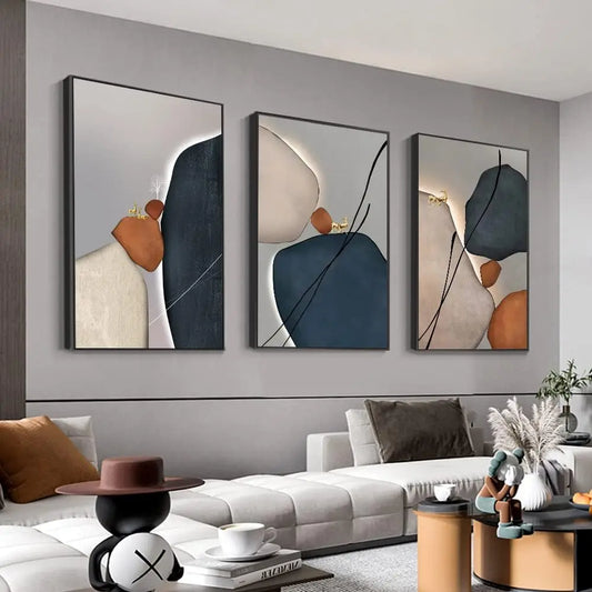 3-Panel Abstract Canvas Wall Art, 24x32 Inch Framed Paintings in Orange White Blue Color Blocks for Modern Home Decor