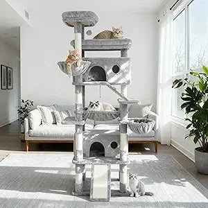 Large 80-Inch Cat Tower with Multiple Scratching Posts, Perches, Caves, Baskets, Stairs, Hammock, and Pompoms for Cats