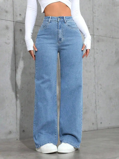 High Waist Wide Leg Washed Denim Jeans for Women - Casual Streetwear Style