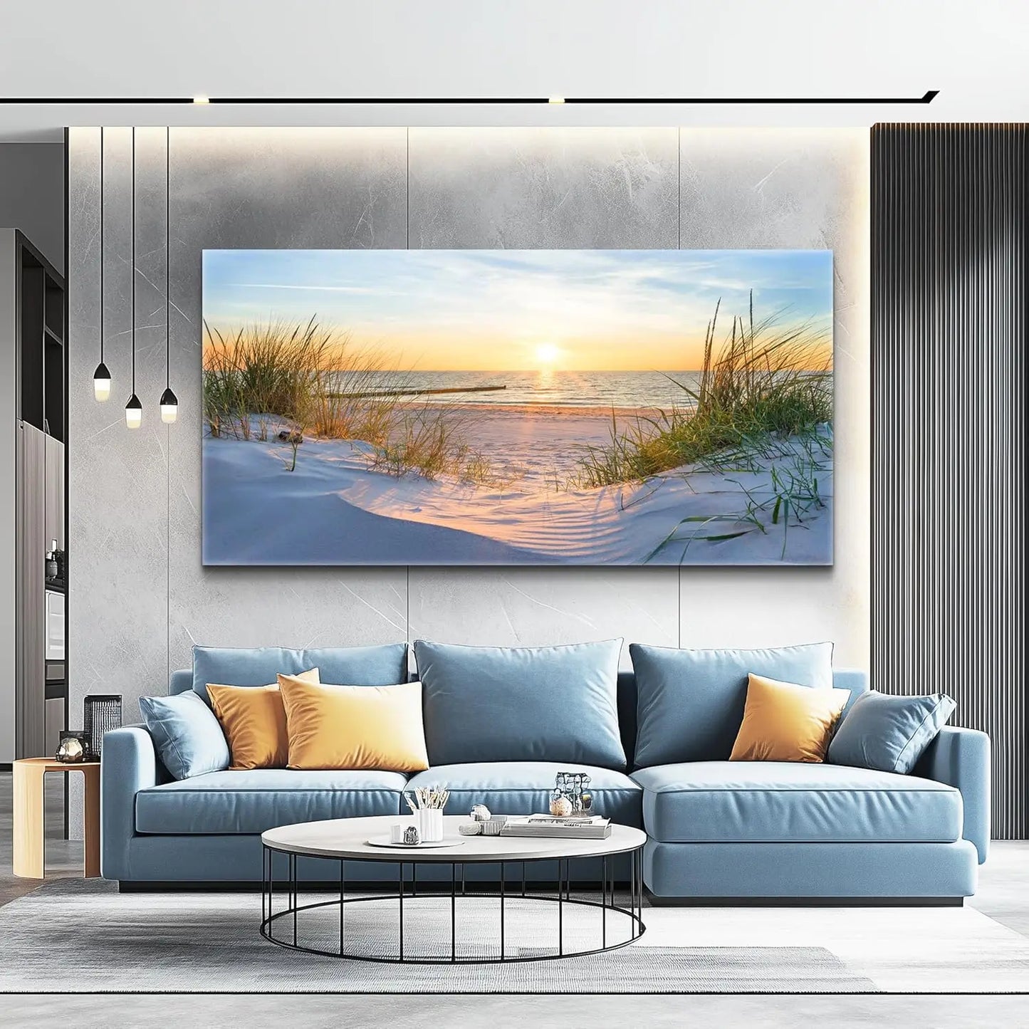 Large Canvas Wall Art for Living Room, Blue Sun Beach Ocean Landscape Painting, Framed Decor