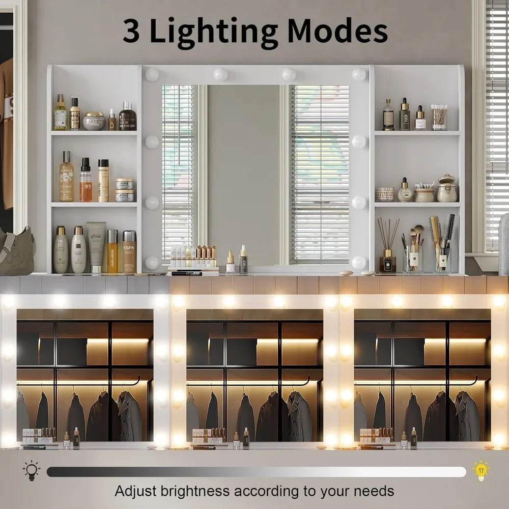 "LED-Illuminated Makeup Vanity Desk with Mirror, Power Outlet, and Ample Storage"