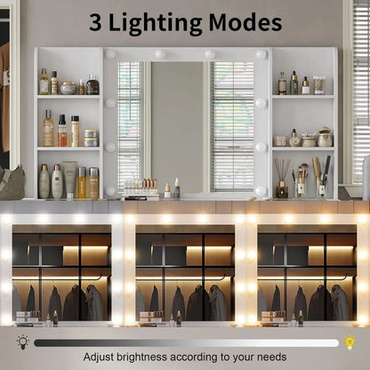 "LED-Illuminated Makeup Vanity Desk with Mirror, Power Outlet, and Ample Storage"