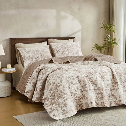 Floral Cotton Quilt King Size Stitch Bedding Set, Taupe Lightweight Comforter Cabin Blanket Farmhouse Bedspread with Pillow Sham