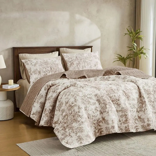 Floral Cotton Quilt King Size Stitch Bedding Set, Taupe Lightweight Comforter Cabin Blanket Farmhouse Bedspread with Pillow Sham