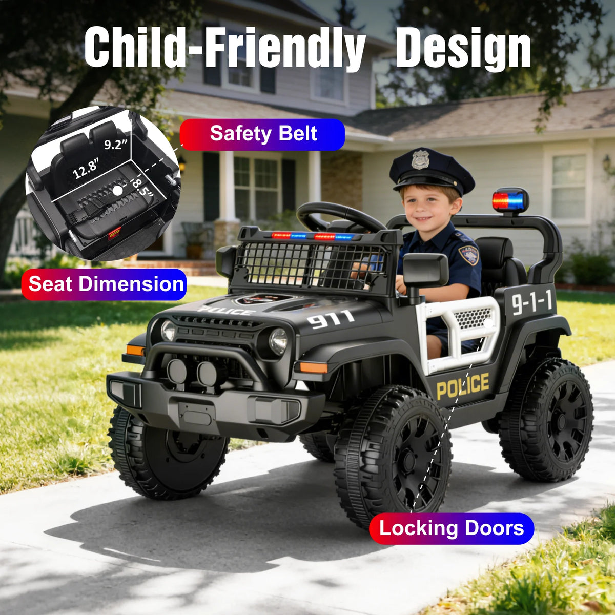12V Ride On Car with Parent Remote Control, Toddler Police Electric Car with Spring Suspension, LED Lights & Music Player,Safe Battery Toy for Kids, Christmas & Birthday Gift