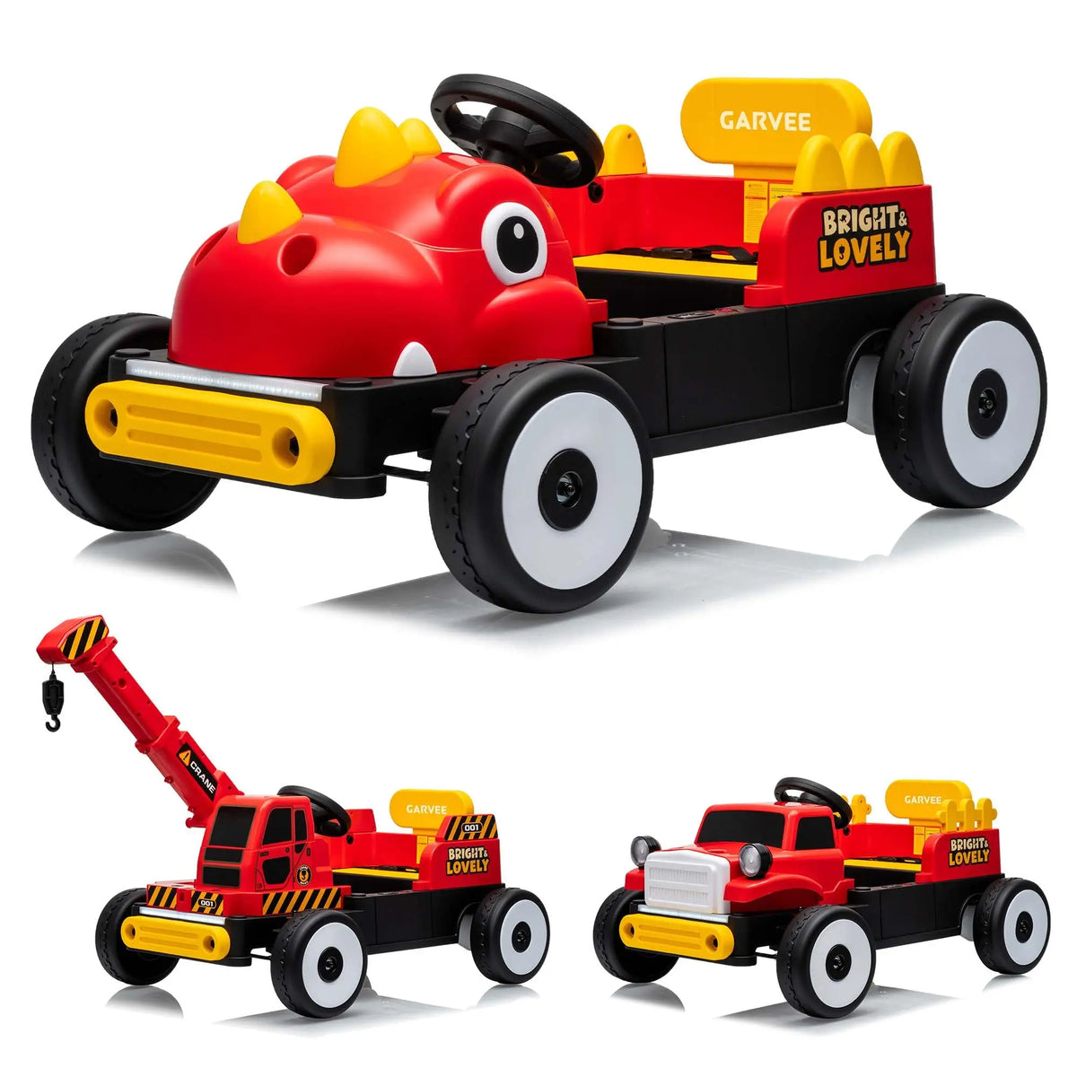 3 In 1 Kids Electric Ride On Car With Parent Remote, Off Road Crane Dinosaur Fronts, Led Lights, Music, 2 Speeds
