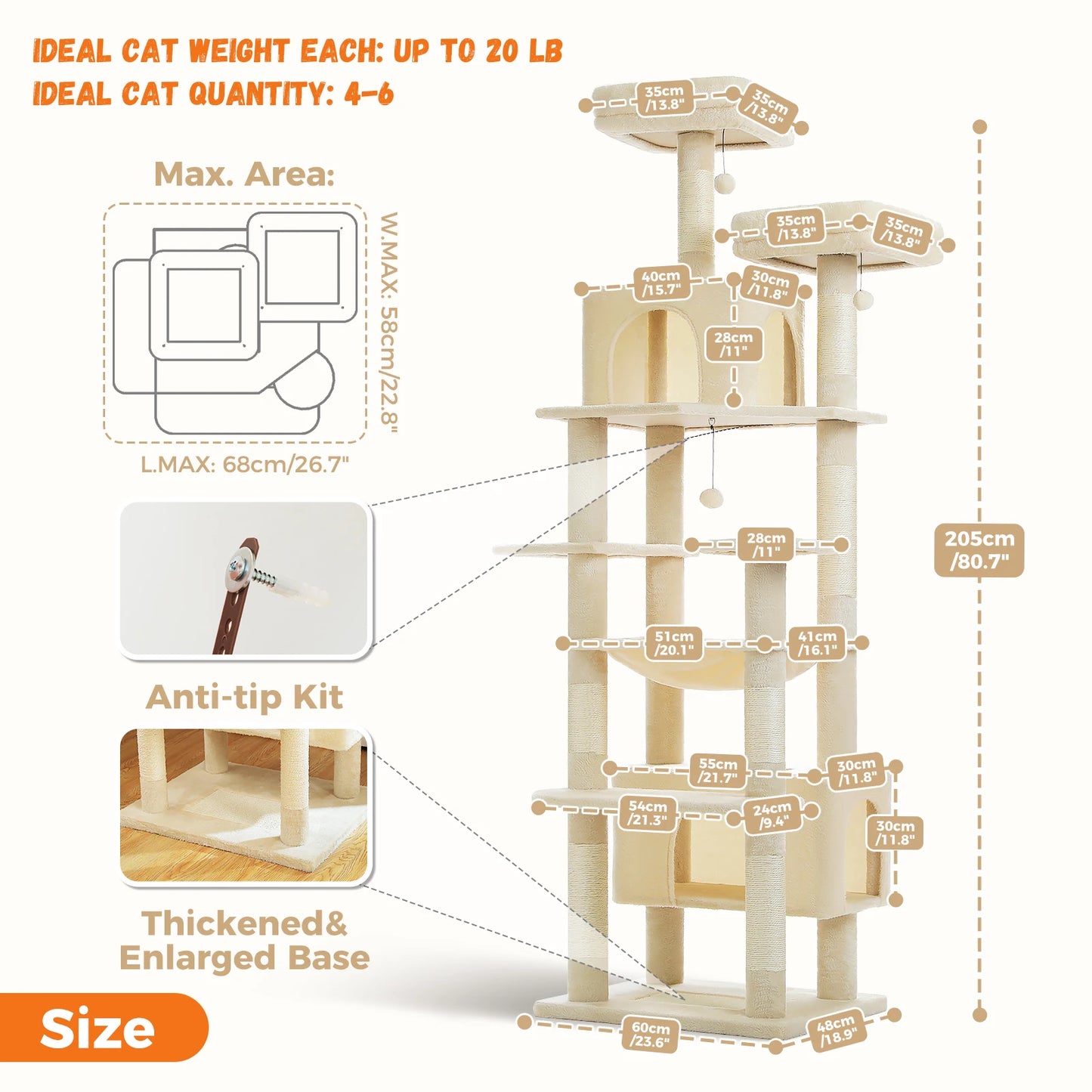 81 Inches Cat Tree Tower with Oversized Hammock&Perches, Two Condos, XL Extra Large Condo with 7 Scratching Posts for Large Cats