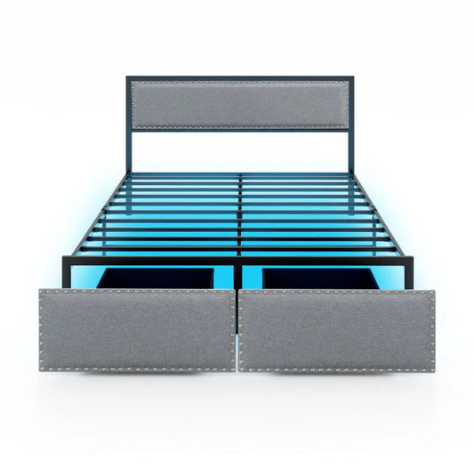 Full/Queen/Twin Size Bed Frame with LED Lights Drawer and Metal Slats