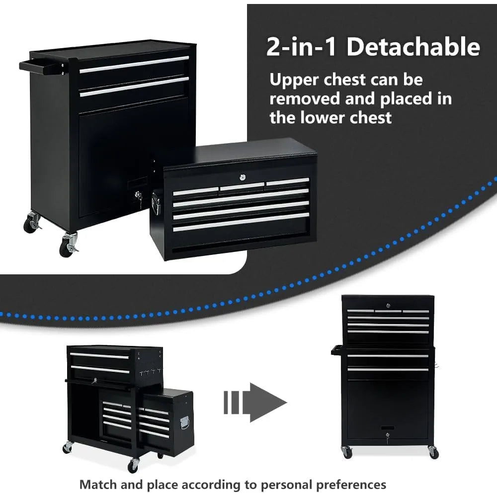 Tool Box Organizer with Lockable Wheels, Sliding Drawers, and Detachable Top, Garage Workshop Tool Storage Cabinet