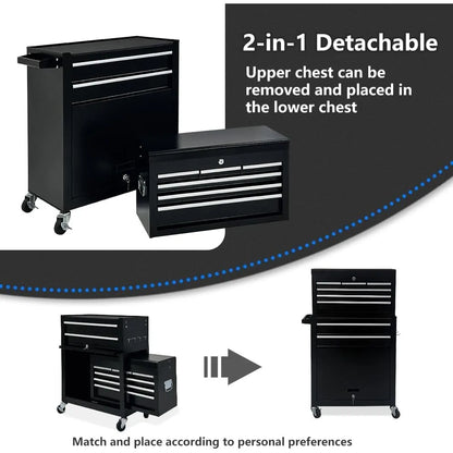 Tool Box Organizer with Lockable Wheels, Sliding Drawers, and Detachable Top, Garage Workshop Tool Storage Cabinet