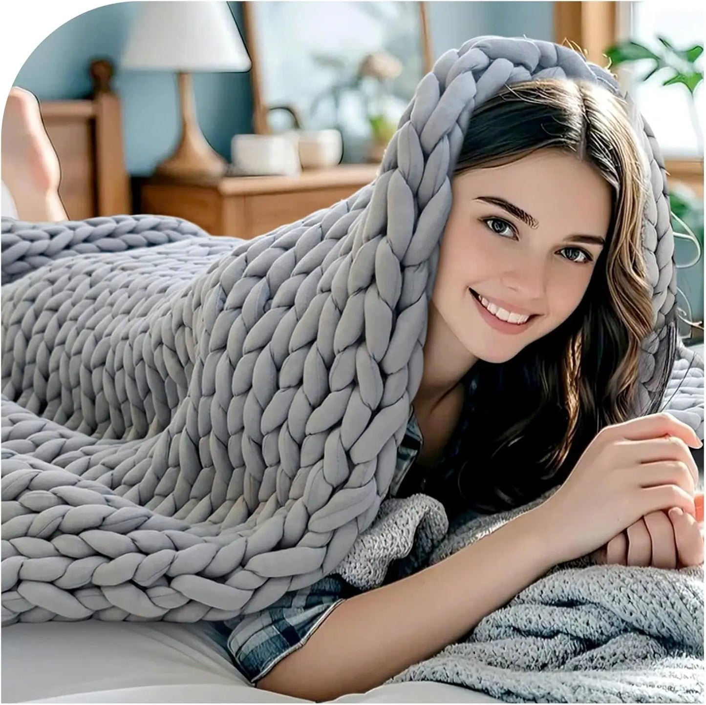 Hand-Knit Weighted Blanket for Adults, Chunky Knit Cooling Breathable Organic Cotton, 48x72 Inch 12lbs
