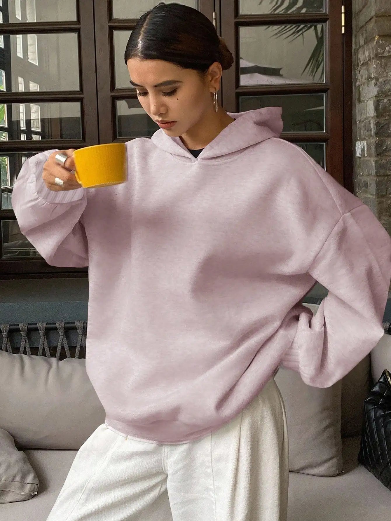 DAZY Women's Oversized Hoodie with Thermal Lining, Solid Gray Casual Sweatshirt for Fall Winter