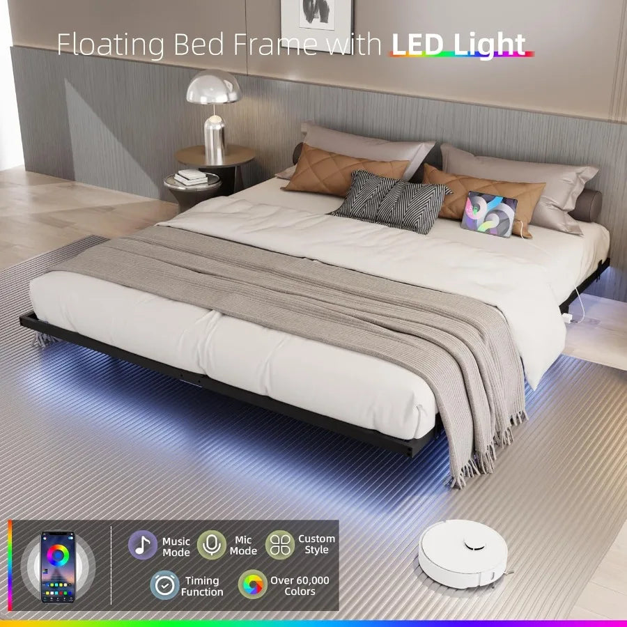 Floating Bed Frame Size with Charging Station and LED Lights, Metal Platform Bed Frame, 1000 lbs Capacity, No Box Spring Needed