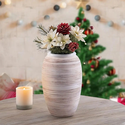 12 White Boho Style Wide Mouth Vase for Home Decor, Pampas Grass Centerpiece, Rustic Decor Vase for Living Spaces